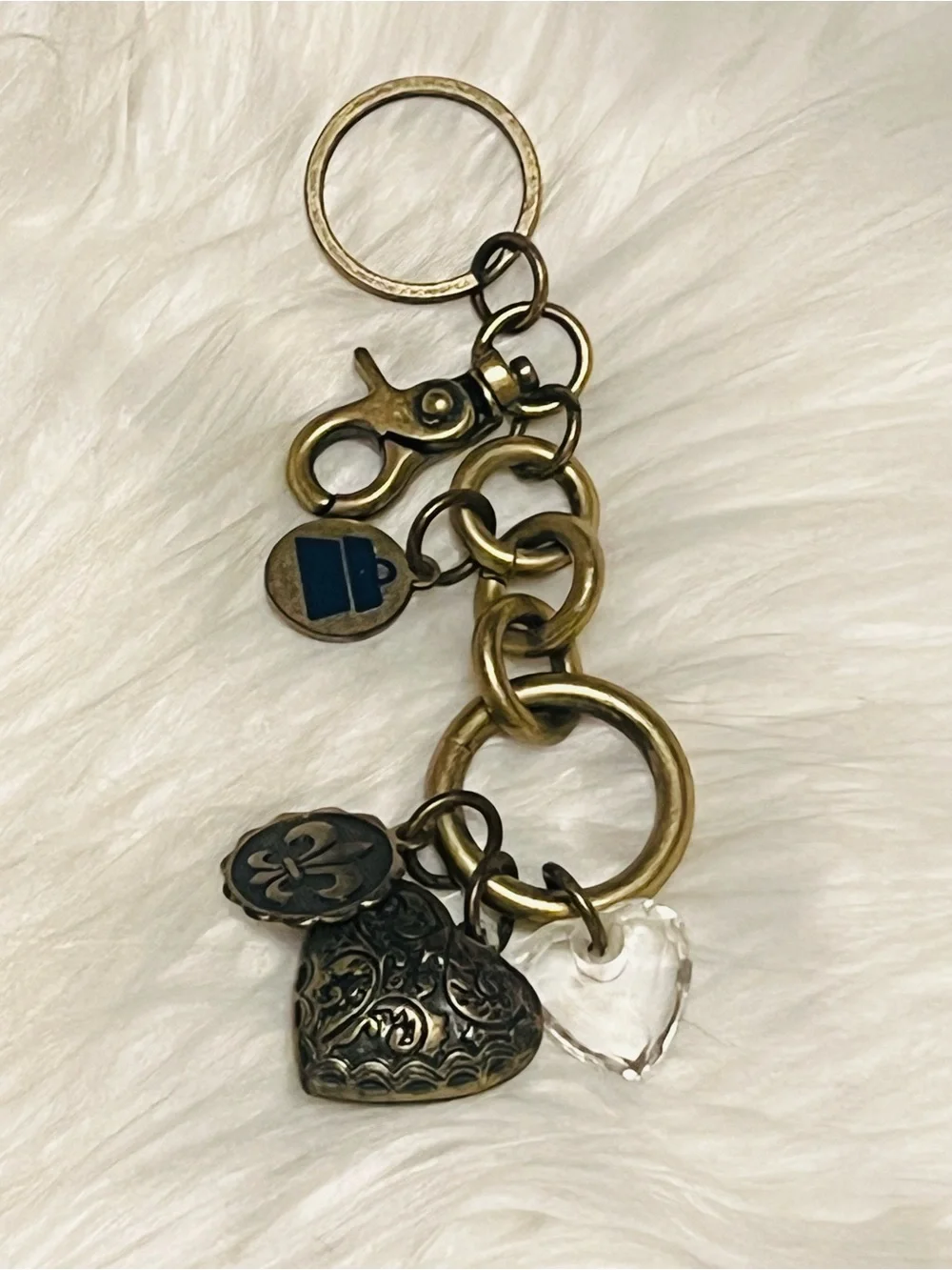 Kathy Van Zeeland Y2K Brass Tone Charm Keychain with Clear Heart